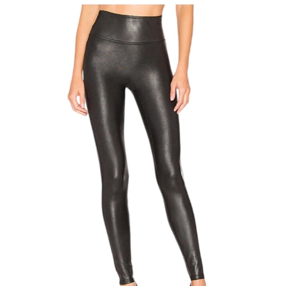 Spanx Faux Leather Leggings Women Large Petite Black NWT High Rise 2437Q